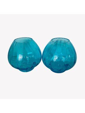 Lot of 2 Partylite Aqua Blue Waves Optic Glass Large Candle Holder Globes Pair